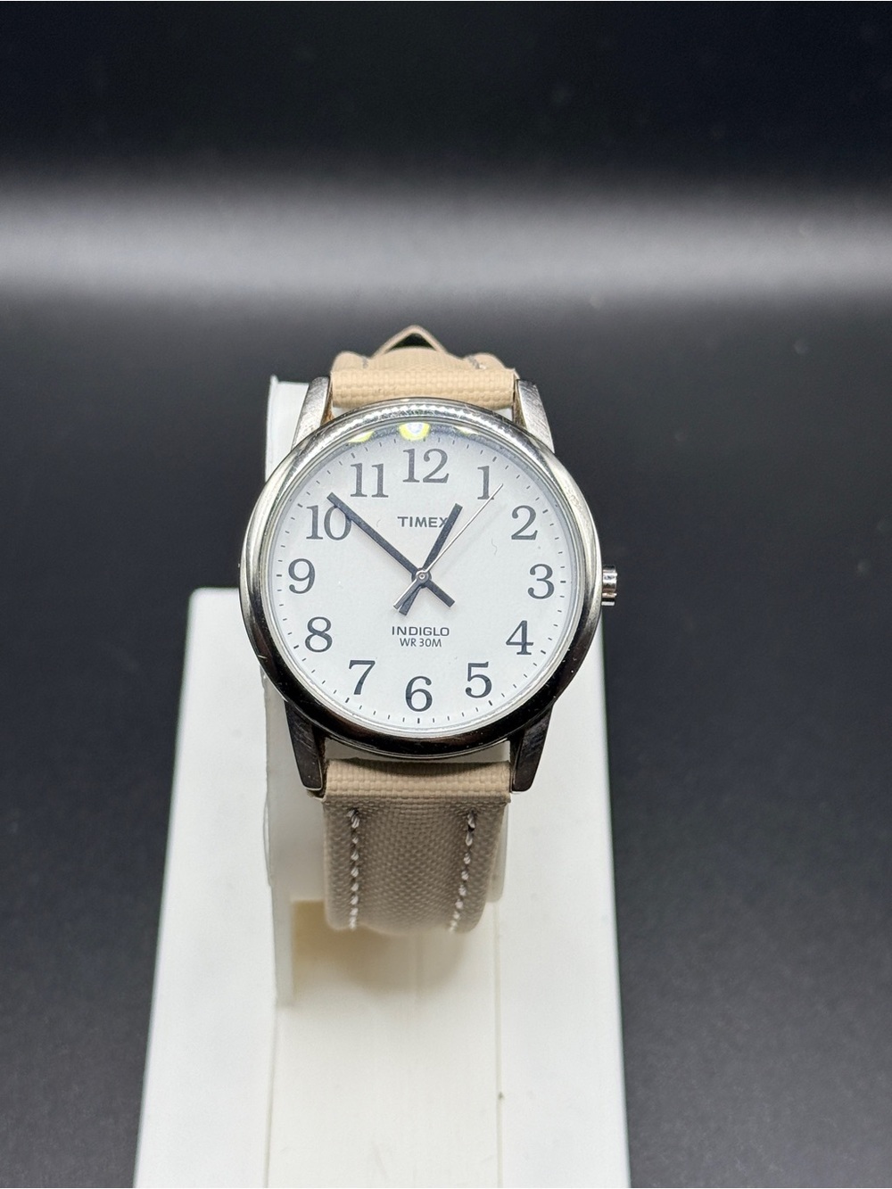 Timex Indiglo Minimalist Watch Silver Tone Case Beige Textured Strap 37mm